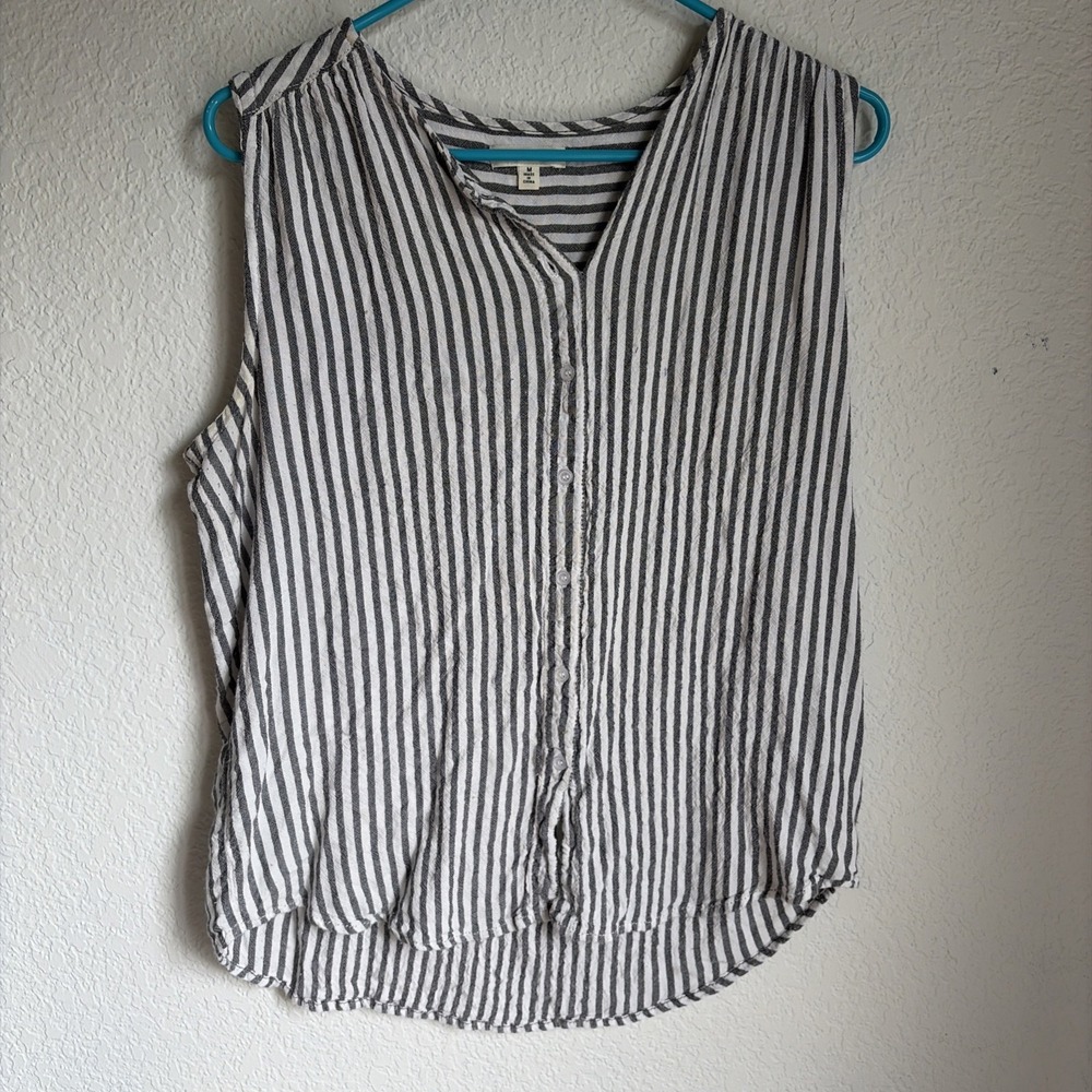 Women's Preppy Striped Medium Tank Sleeveless Button Down Beach Vacay Shirt